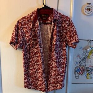 Maroon and White Floral Button Down Short Sleeved Shirt